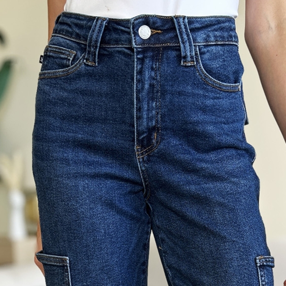 High-Rise Waist Cargo Pockets Denim Boyfriend Straight Leg Jean Pants Judy Blue - Picture 11 of 13